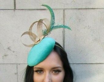 Mint Green Cream Peacock Feather Pillbox Hat Fascinator Hair Clip Races 4440 