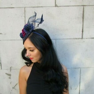 Navy Blue Fuchsia Pink Flower Feather Hat Fascinator Races Wedding Hair sh-528