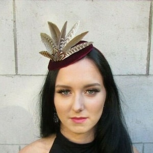 Burgundy Wine Red Brown Feather Pillbox Hat Fascinator Races 1940s Style 7699