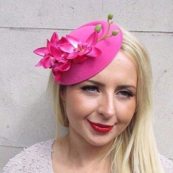 Hot Pink Orchidee Blume Pillbox Hut Fascinator Rockabilly 50er Jahre Haarclip Vtg 3245