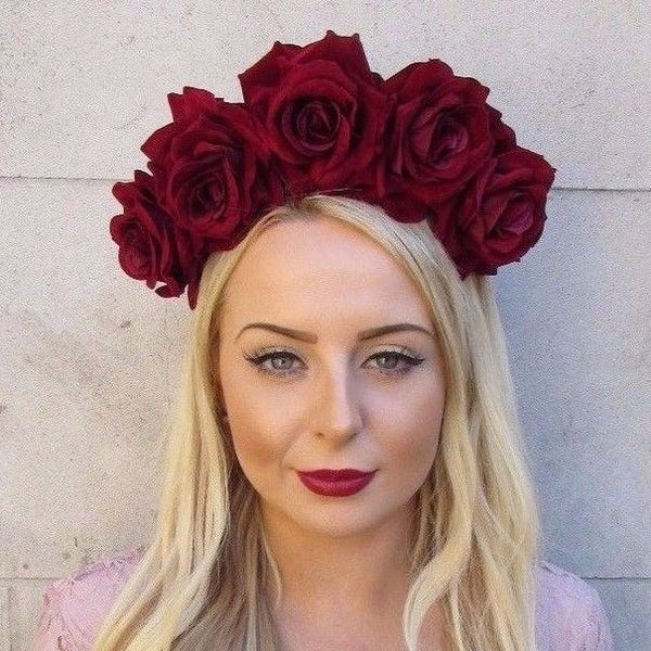 Large Burgundy Deep Red Rose Flower Sugar Skull Headband Big Hair Crown fascinator sh-547 Halloween Headpiece Day of the Dead