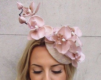Nude Beige Cream Orchid Flower Fascinator Hat Wedding Hair Clip Races Vtg 2973
