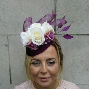 Plum Cream Grape Purple Rose Flower Feather Pillbox Hat Fascinator Mauve 7912