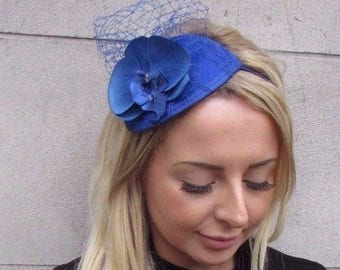 Royal Blue Orchid Flower Fascinator Net Hair Headband Wedding Races Vintage 3200