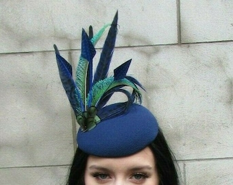 Navy Blue Royal Blue & Green Peacock Pheasant Feather Hat Fascinator Races u1b13