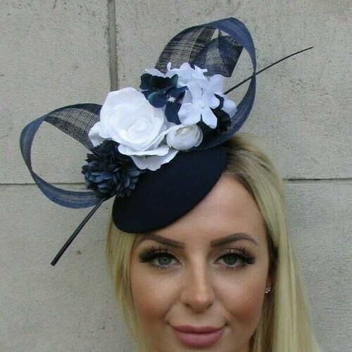 Navy Blue White Rose Flower Feather Hat 
