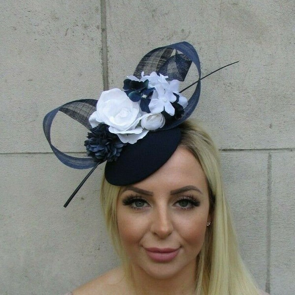 Navy Blue White Rose Flower Feather Hat Fascinator Floral Races Wedding 0708