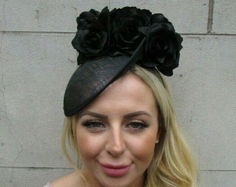 Black Rose Flower Floral Hair Fascinator Disc Hat Sinamay Saucer Races Hair SH-39