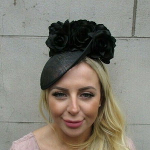 Black Rose Flower Floral Hair Fascinator Disc Hat Sinamay Saucer Races Hair SH-39