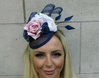 Navy Blue Blush Pink Dusky Pink White Feather Flower Hat Fascinator Floral SH-27