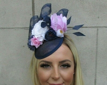 Navy Blue White Baby Light Pink Feather Rose Flower Hat Fascinator Floral SH-71