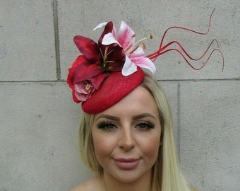 Red Blush Pink Fascinator Dark Red Burgundy Flower Lily Rose Hat Hatinator or-28