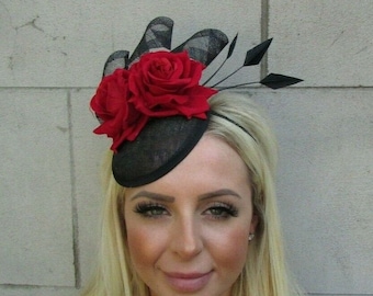 Black & Red Rose Flower Feather Hat Fascinator Floral Wedding Races Swirl SH-41