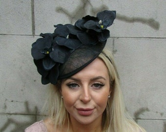 Black Orchid Flower Floral Fascinator Disc Hat Sinamay Saucer Headpiece Races Wedding Guest Headpiece SH-53