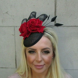 Black & Red Rose Flower Feather Hat Fascinator Floral Wedding Races Swirl SH-41