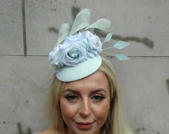 Light Mint Green Rose Flower Feather Hat Hair Fascinator Wedding Races Hair 0889