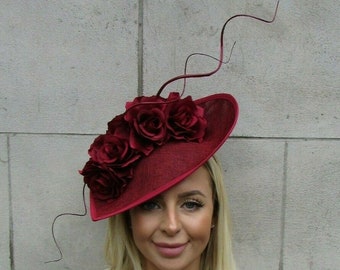 Large Burgundy Wine Red Maroon Teardrop Fascinator Hat Flower Wedding Big OR-02