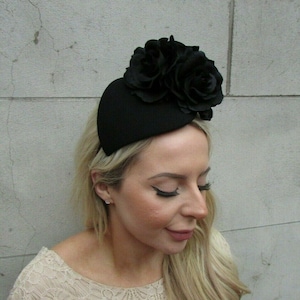 Black Rose Flower Teardrop Fascinator Headband Hat Cocktail Funeral Wedding Floral Hairband Hair Band Headpiece 0923