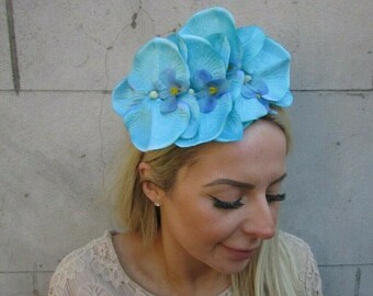 Royal Blue Electric Blue Orchid Flower Feather Fascinator Headband Hairband 0528