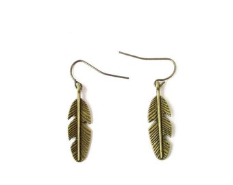 Bronze Tone Drop Leaf Feather Earrings Grecian Festival Boho Hook Dangle 5420