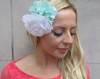 Mint Green Light Blue Turquoise Silver White Feather Fascinator Hair Clip 120