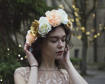 Large Purple Gold Leaf Fuchsia Pink Rose Flower Hair Comb Vintage Headpiece 1514