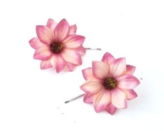 2 x Blush Pink Nude Pink Rose Flower Hair Grips Bobby Pins Clips Slides Vtg 0196