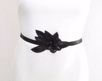 Black Dark Silver Charcoal Beaded Belt 1920s Flapper Great Gatsby Vintage 1021