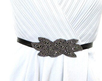 Black Dark Silver Charcoal Beaded Belt 1920s Flapper Great Gatsby Vintage 1021