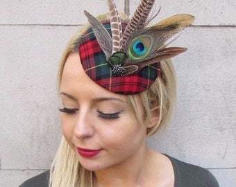 Dark Green Aubergine Purple Tartan Peacock Feather Pillbox Hat Fascinator 4309