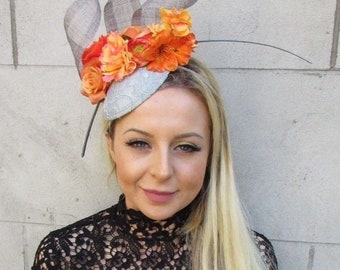 Grey Green Peacock Feather Disc Saucer Hat Fascinator Hair Races Ascot 6996