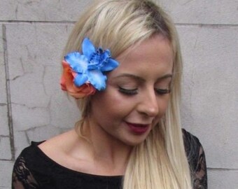 Royal Blue Electric Blue Orchid Flower Feather Fascinator Headband Hairband 0528