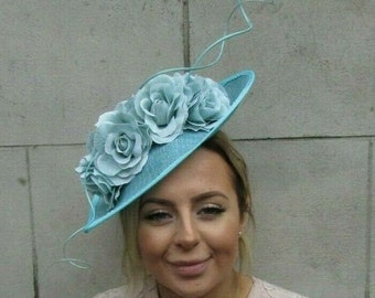 Large Light Turquoise Duck Egg Blue Green Rose Flower Hair Clip Fascinator 6099