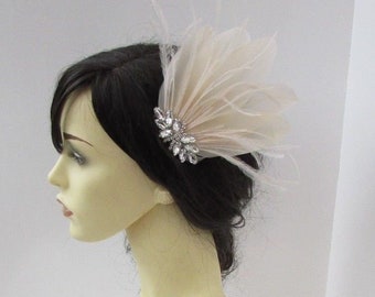Coral Pink Ivory White Silver Feather Hair Comb Pearl Prom Bridal Vtg 1920s 131