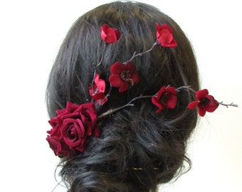 Burgundy Wine Deep Red Purple Rose Flower Hair Comb Fascinator Bridesmaid 5144
