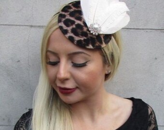 Bottle Dark Green Black Leopard Animal Print Feather Pillbox Hat Fascinator 6731
