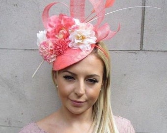 Large Black Red White Rose Flower Feather Hat Fascinator Headband Races 5428