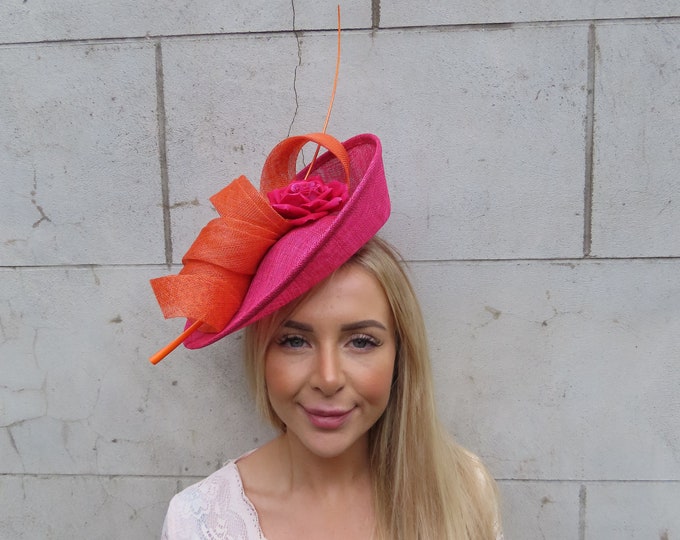 One off Piece Large Fuchsia Pink Burnt Orange Rose Floral Flower Sinamay Hat Fascinator Big Disc