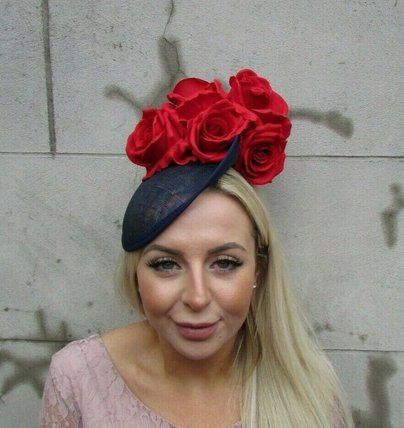 Navy Blue Red Rose Flower Fascinator 