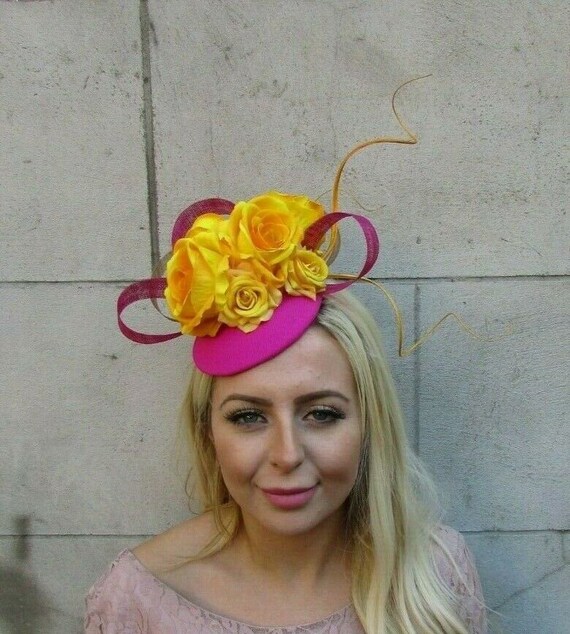 Fuchsia Pink Flower Feather Hat Hair 