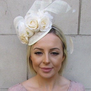 Cream Sinamay Rose Flower Feather Pillbox Hat Fascinator Races Hair Wedding or-11
