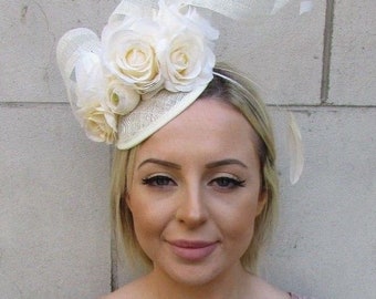 Cream Sinamay Rose Flower Feather Pillbox Hat Fascinator Races Hair Wedding or-11