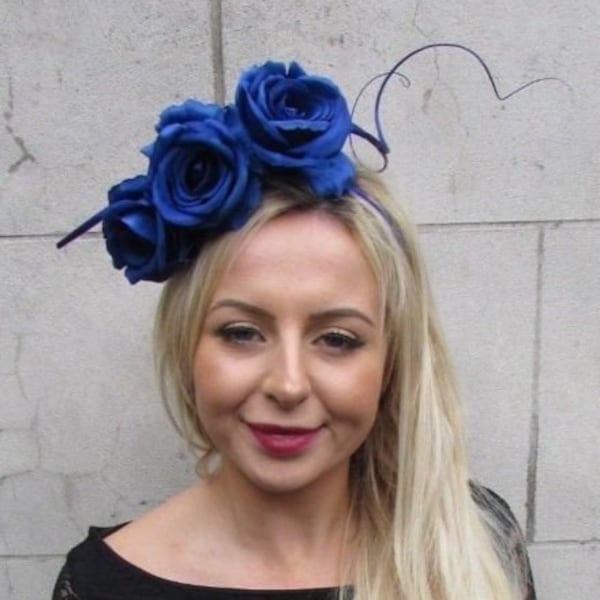 Royal Blue Rose Flower Quill Feather Fascinator Headband Hair Races Floral 6803