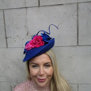 Royal Blue Hot Pink Cerise Feather Flower Disc Saucer Hat Fascinator Wedding Races Headpiece Cobalt Hot Pink Fuchsia Hatinator Floral sh-502