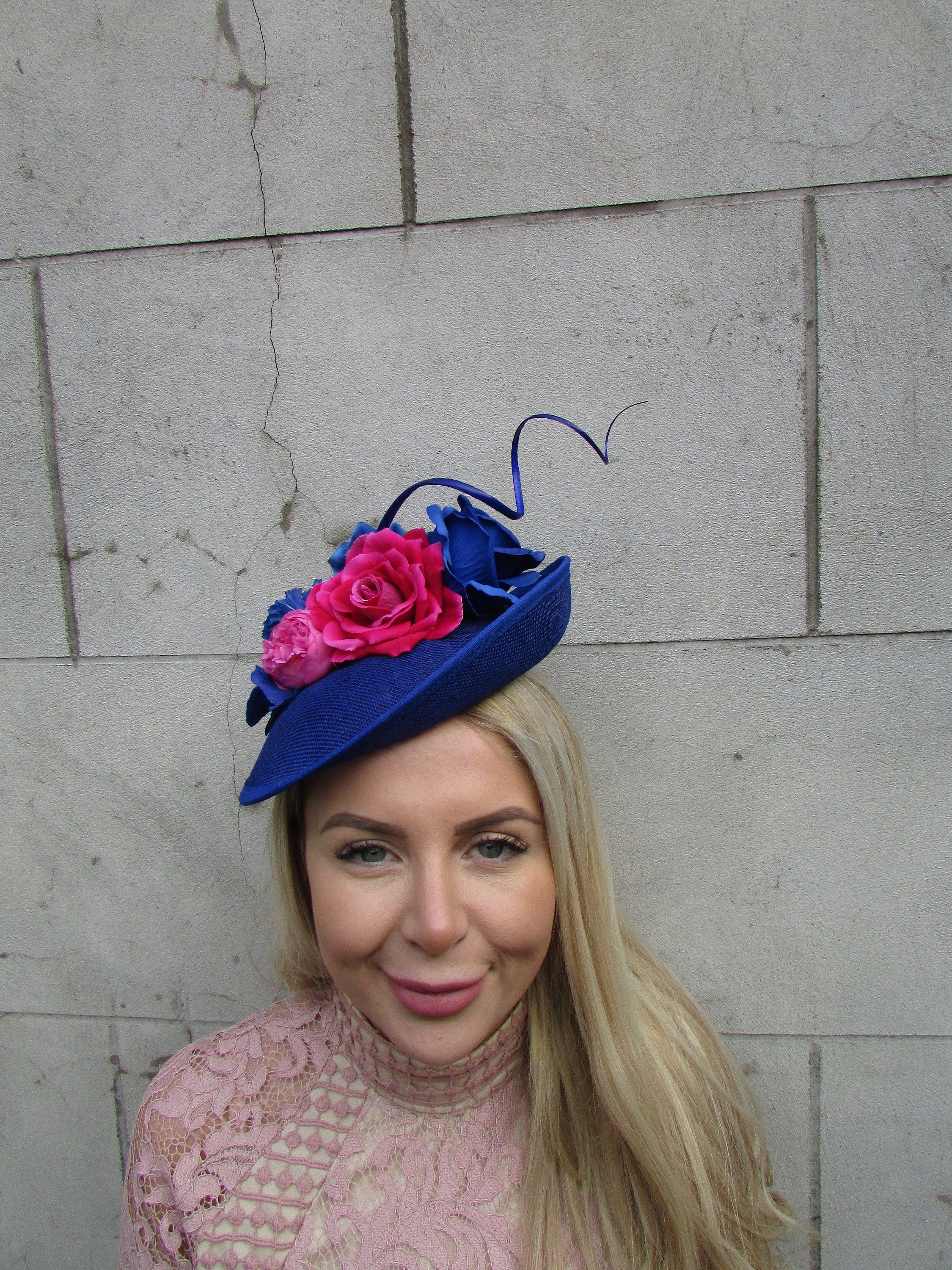 Royal Blue Hot Pink Cerise Feather Flower Disc Saucer Hat Fascinator ...
