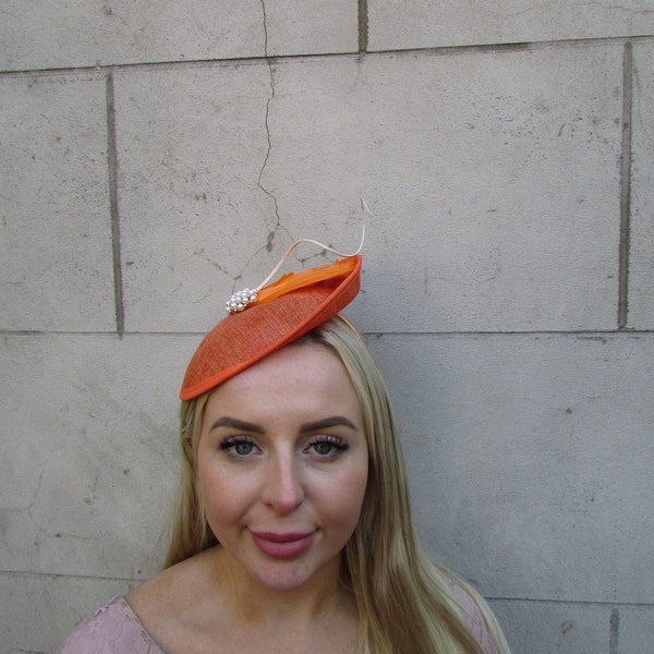 Orange Burnt Orange Ivory Feather Fascinator Disc Saucer Hat Wedding Races Headband Hairband Pearl Cream 0992