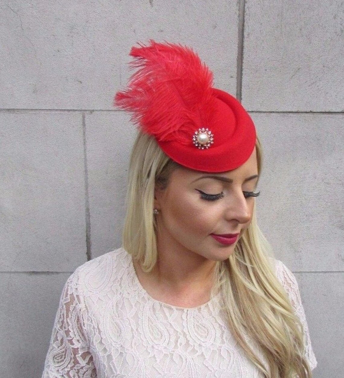 Red Ostrich Feather Pillbox Hat Hair Clip Fascinator Races Etsy