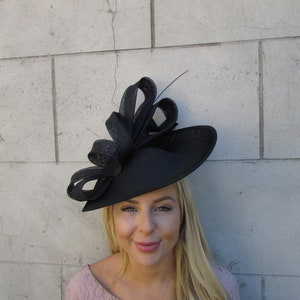 Large Black Feather Fascinator Hat Big Teardrop Hatinator Races Wedding Headband Ascot Headpiece c1c