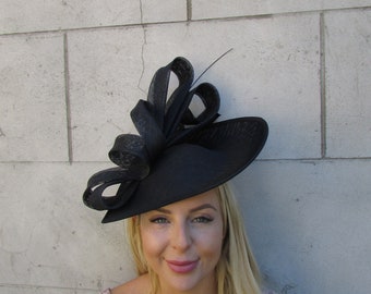 Large Black Feather Fascinator Hat Big Teardrop Hatinator Races Wedding Headband Ascot Headpiece c1c