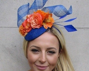 Orange Quill Feather Flower Fascinator Hat Hair Clip Races Peony Floral Vtg 3875 